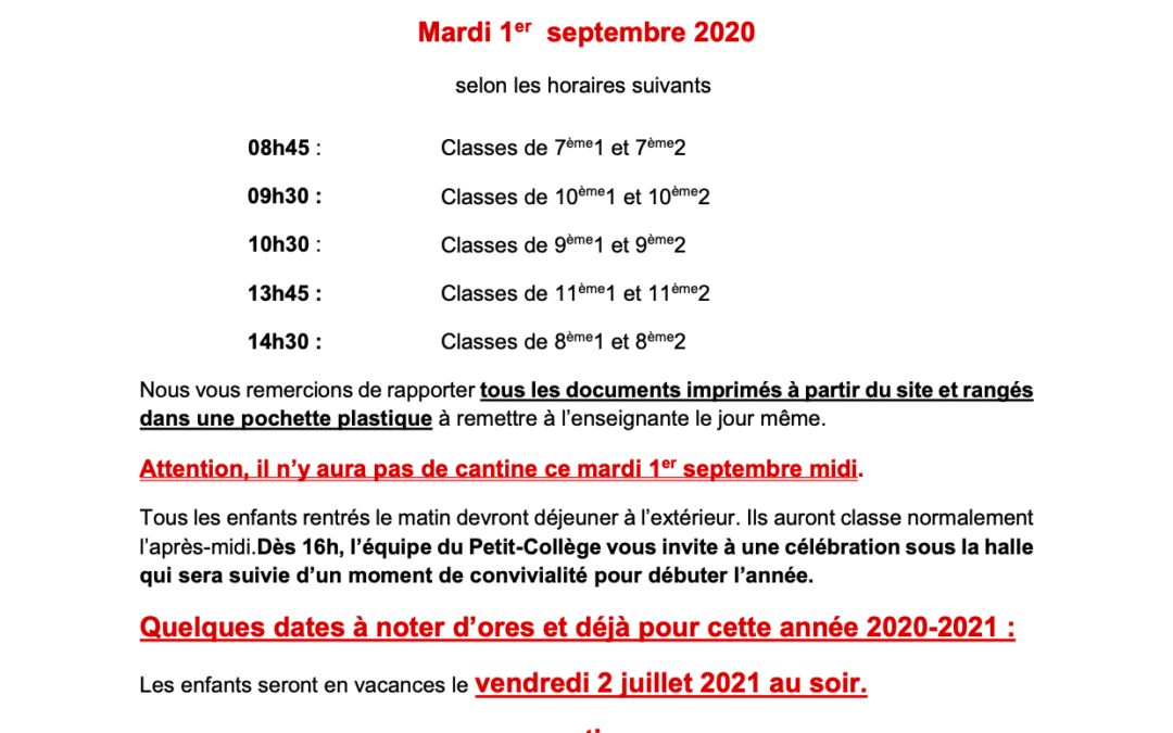 Circulaire rentrée Petit Collège
