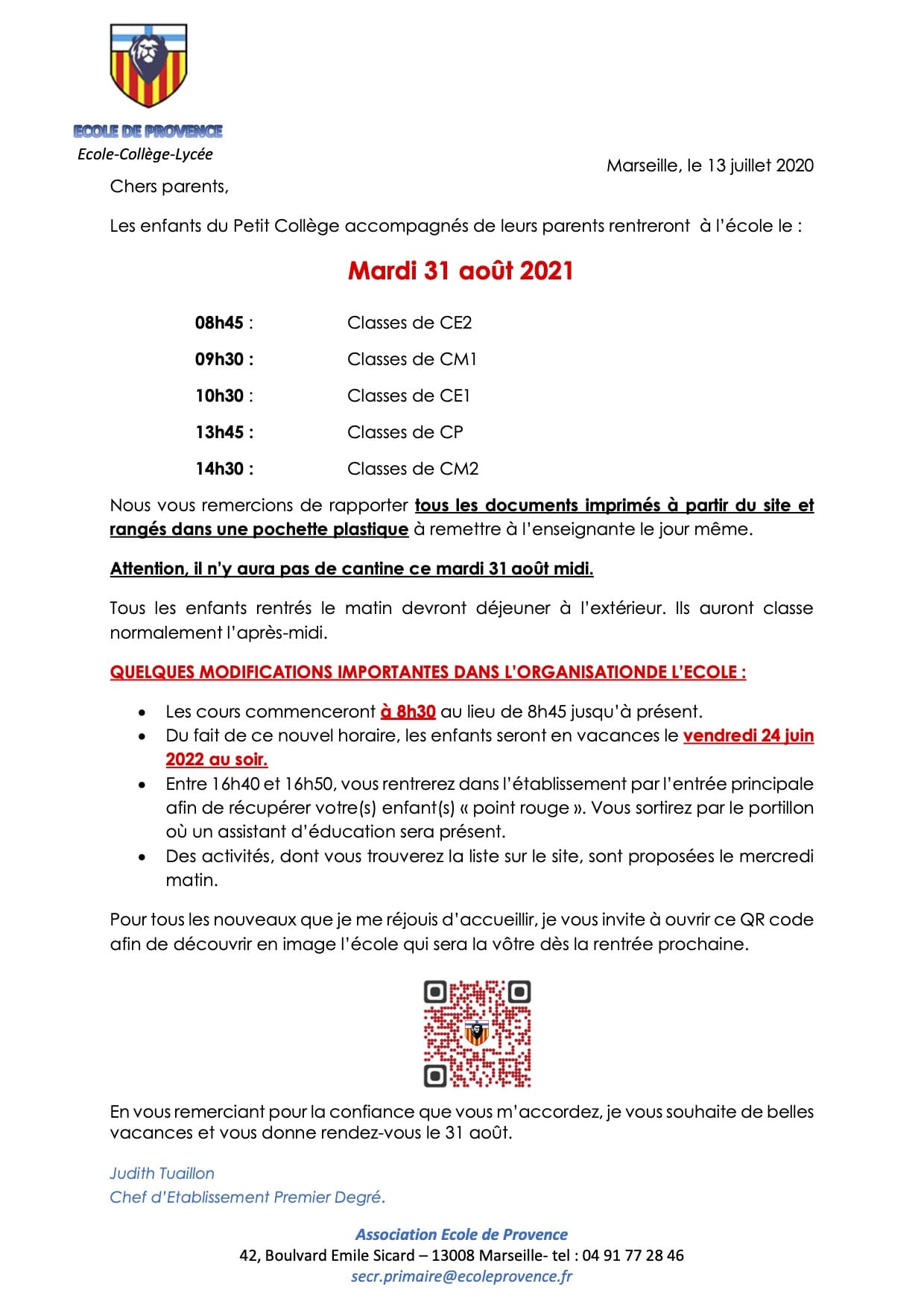 Lettre infos rentrée