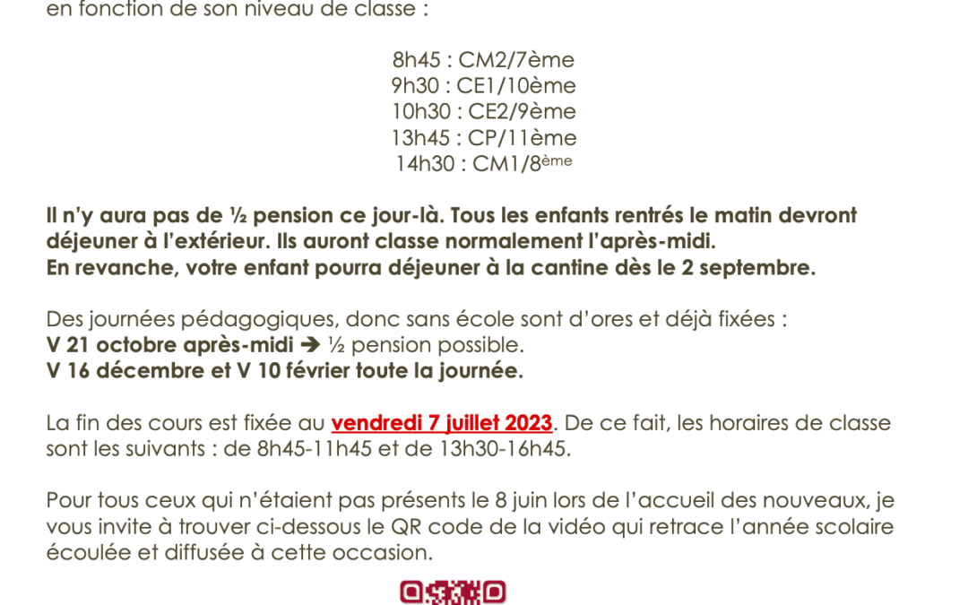 Infos rentrée Petit Collège 2022-2023