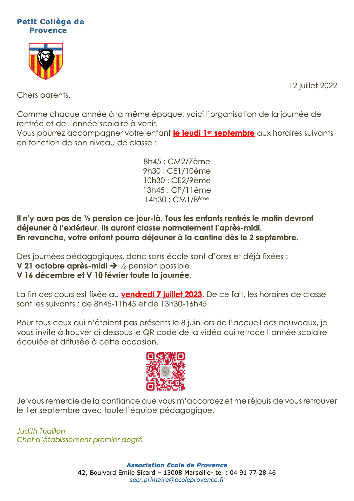 Infos Rentree Petit College 22 23 Ecole De Provence